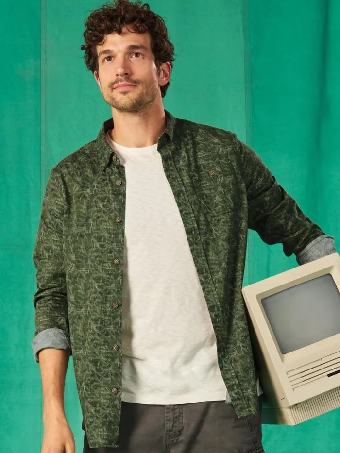Men Seaweed Printed Shirt Green Print White Stuff Shirts Men Seaweed Printed Shirt Green Print White Stuff Shirts