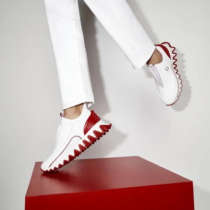 Men Sharkyloub SP Spikes Sneakers 8211 Calf Leather Neoprene And Spikes 8211 White Christian Louboutin Sneakers