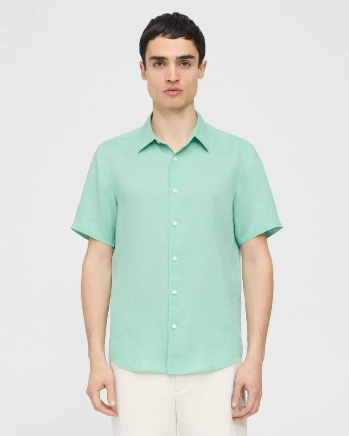Men Theory Shirts Irving ShortSleeve Shirt In Relaxed Linen Celadon