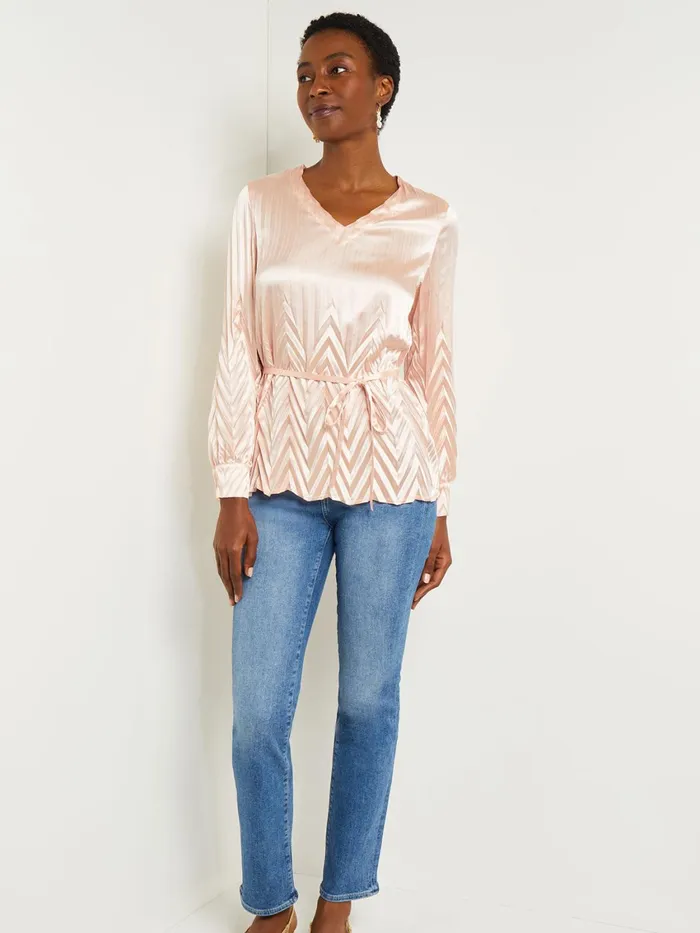 Misook Belted Blouse 8211 Chevron Textured Crepe De Chine Women Blouses and Shirts