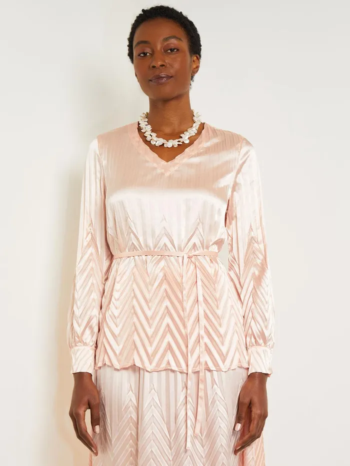 Misook Belted Blouse 8211 Chevron Textured Crepe De Chine Women Blouses and Shirts