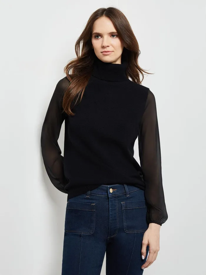 Misook Chiffon Sleeve Cashmere Turtleneck Women Tops and Tees