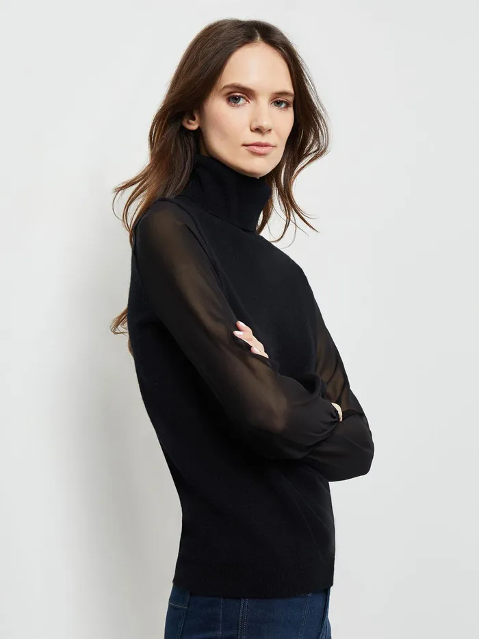 Misook Chiffon Sleeve Cashmere Turtleneck Women Tops and Tees