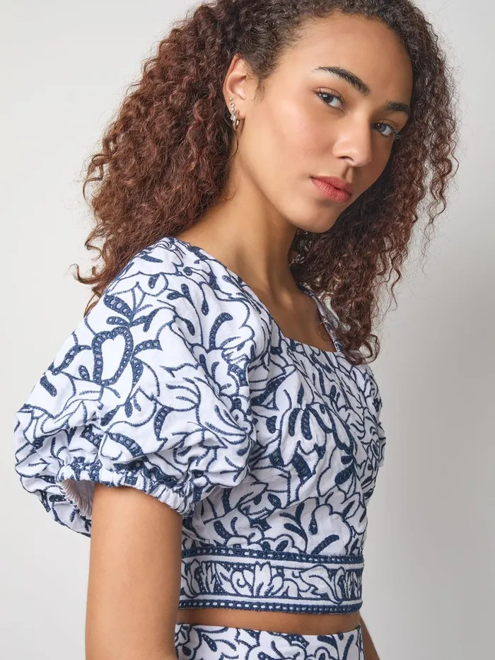 Misook Embroidered Floral Cropped Cotton Blouse Women Blouses and Shirts