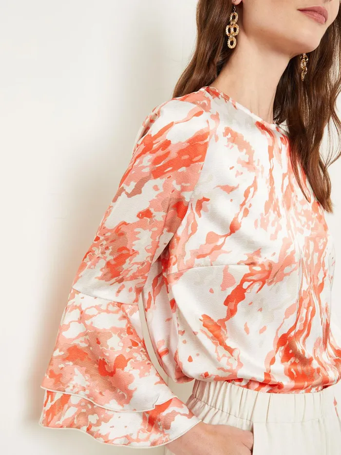 Misook Flounce Sleeve Blouse 8211 Jewel Neck Print Crepe De Chine Women Blouses and Shirts Misook Flounce Sleeve Blouse 8211 Jewel Neck Print Crepe De Chine Women Blouses and Shirts