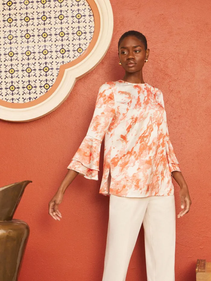 Misook Flounce Sleeve Blouse 8211 Jewel Neck Print Crepe De Chine Women Blouses and Shirts Misook Flounce Sleeve Blouse 8211 Jewel Neck Print Crepe De Chine Women Blouses and Shirts