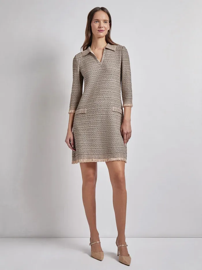 Misook Fringe Trim Intarsia Knit Shift Dress Women Dresses