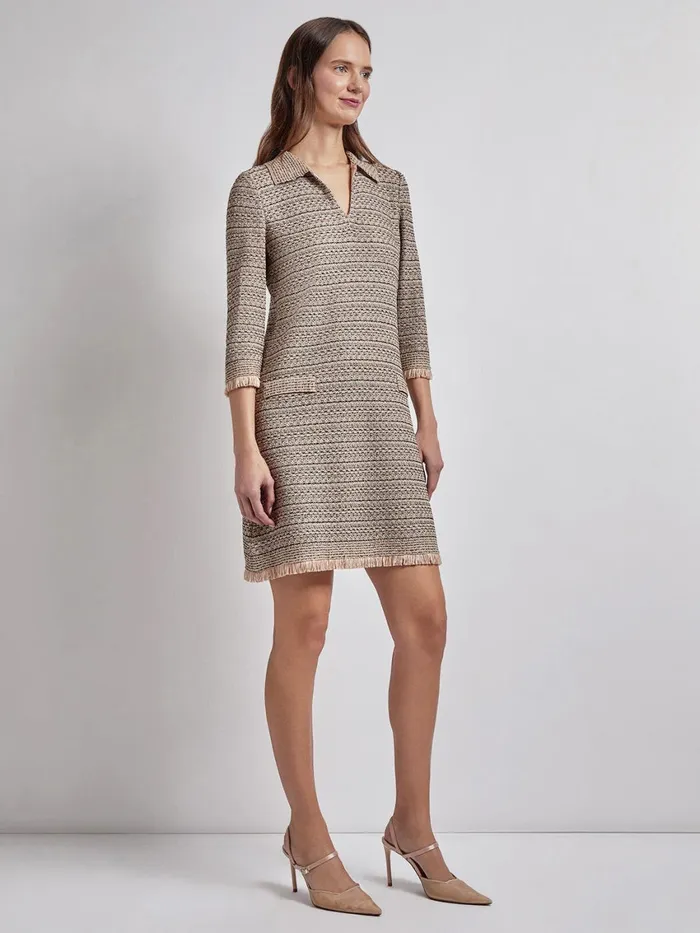 Misook Fringe Trim Intarsia Knit Shift Dress Women Dresses