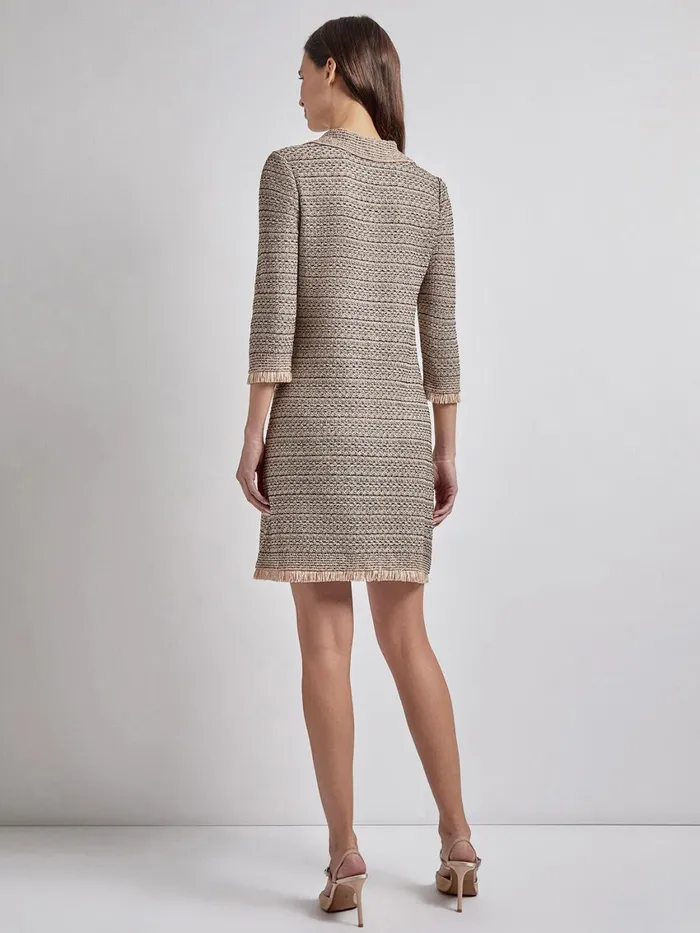 Misook Fringe Trim Intarsia Knit Shift Dress Women Dresses