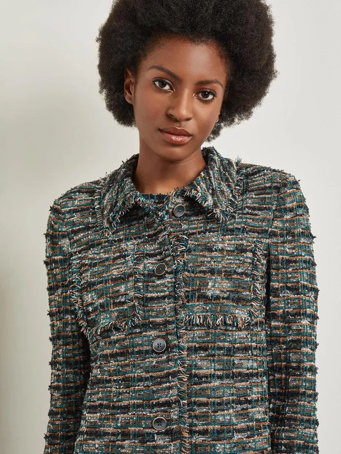 Misook Heritage Fit Lapel Jacket 8211 Fringe Trim Tweed Knit Women Jackets and Coats