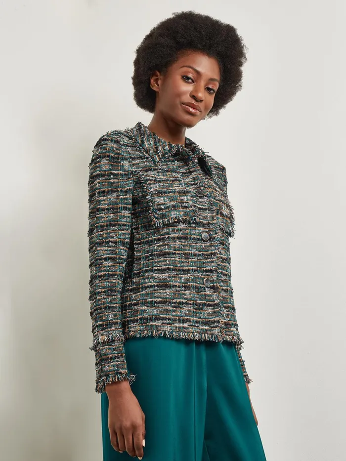 Misook Heritage Fit Lapel Jacket 8211 Fringe Trim Tweed Knit Women Jackets and Coats