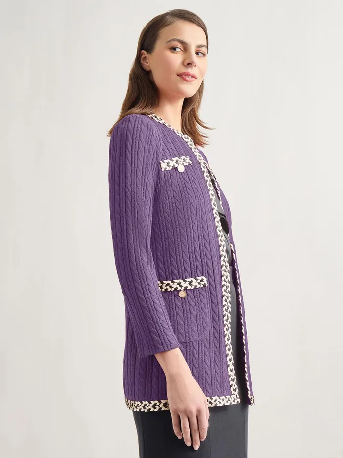 Misook Jewel Neck Contrast Trim Cable Knit Jacket Women Jackets and Coats