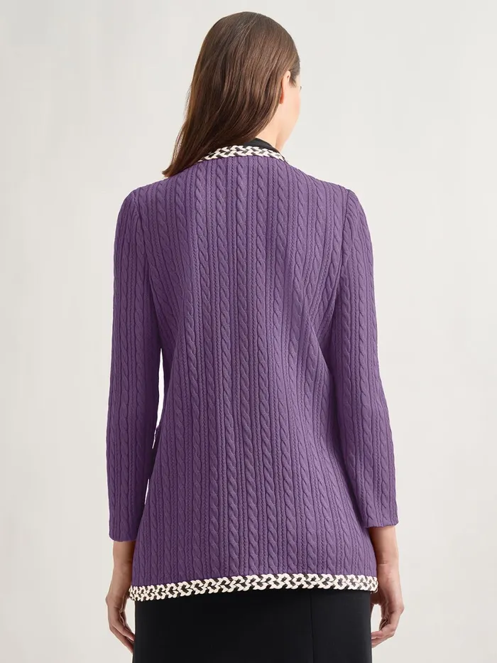 Misook Jewel Neck Contrast Trim Cable Knit Jacket Women Jackets and Coats