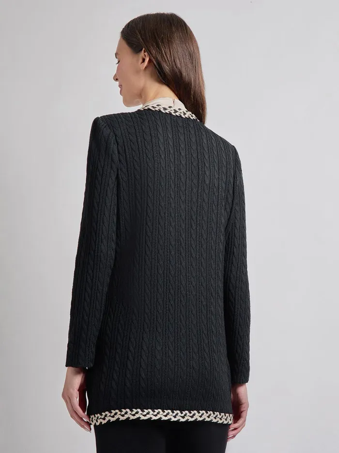 Misook Jewel Neck Contrast Trim Cable Knit Jacket Women Jackets and Coats