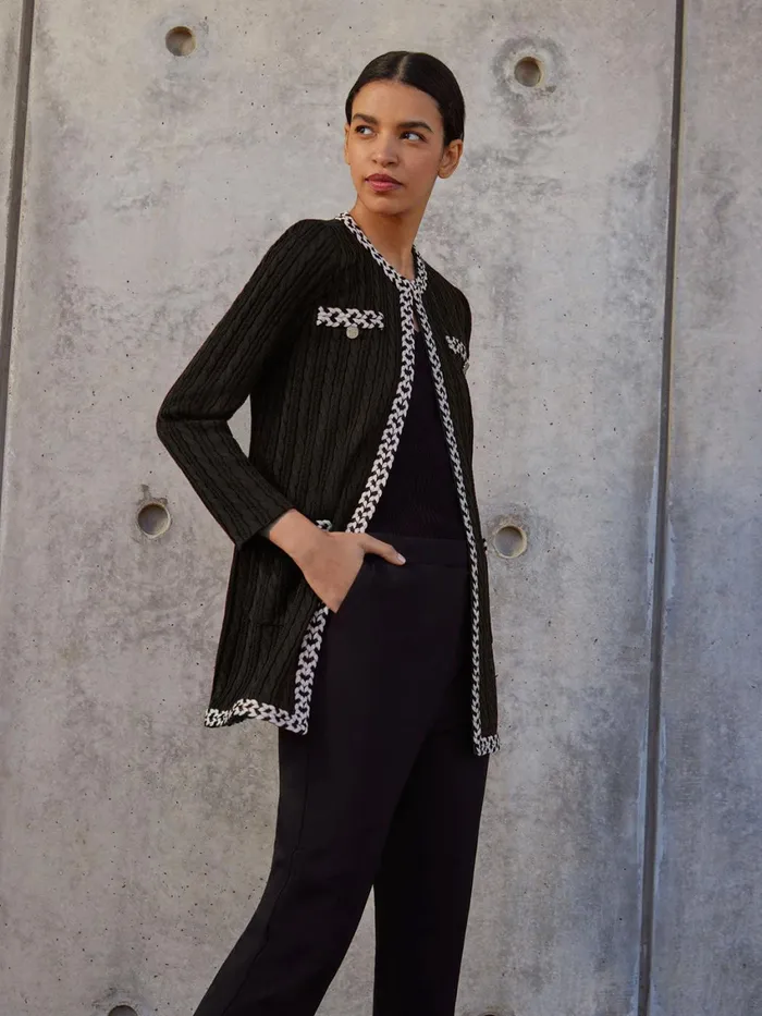 Misook Jewel Neck Contrast Trim Cable Knit Jacket Women Jackets and Coats