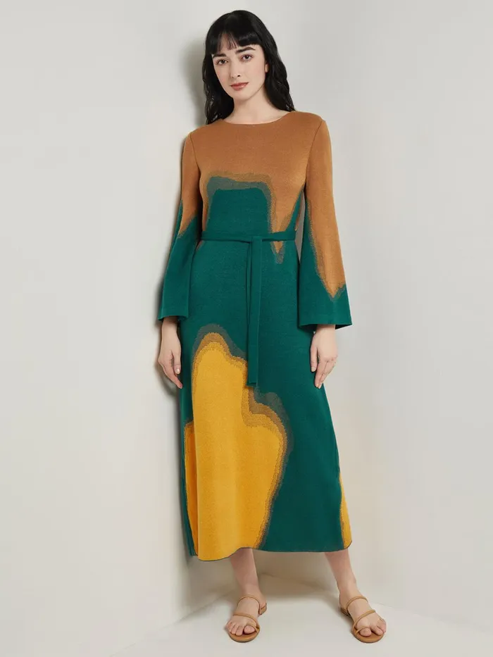 Misook Maxi Shift Dress 8211 Abstract Jacquard Cozy Knit Women Dresses