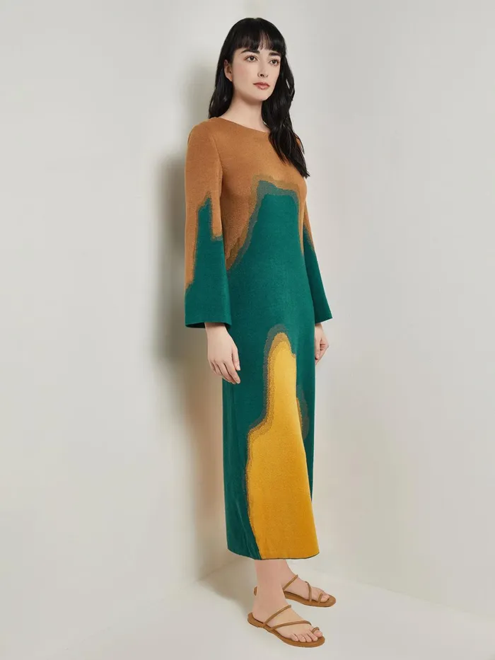 Misook Maxi Shift Dress 8211 Abstract Jacquard Cozy Knit Women Dresses