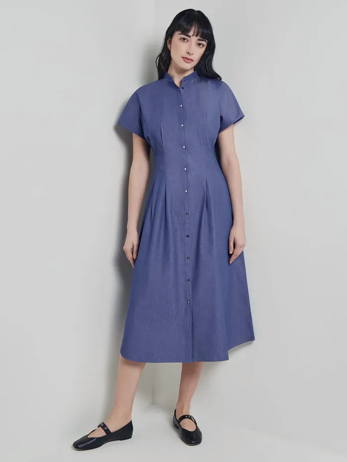 Misook Modern Fit and Flare Button Front Midi Dress Women Dresses