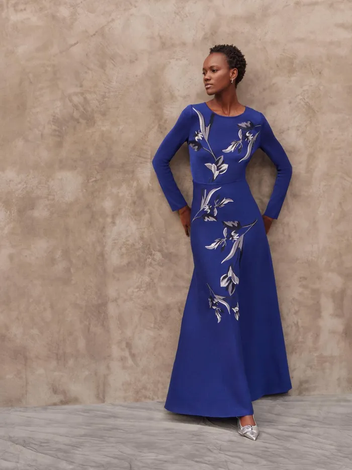 Misook Modern FitandFlare Embroidered Floral Knit Maxi Dress Women Dresses