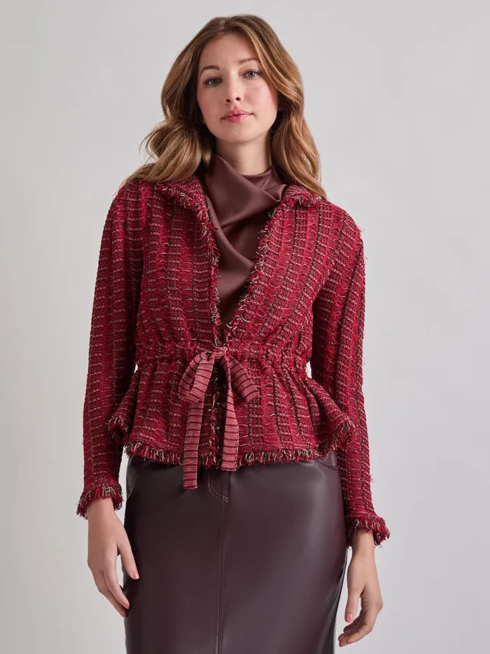 Misook Modern Fit Linear Fringe Tweed Belted Knit Jacket Women Jackets and Coats
