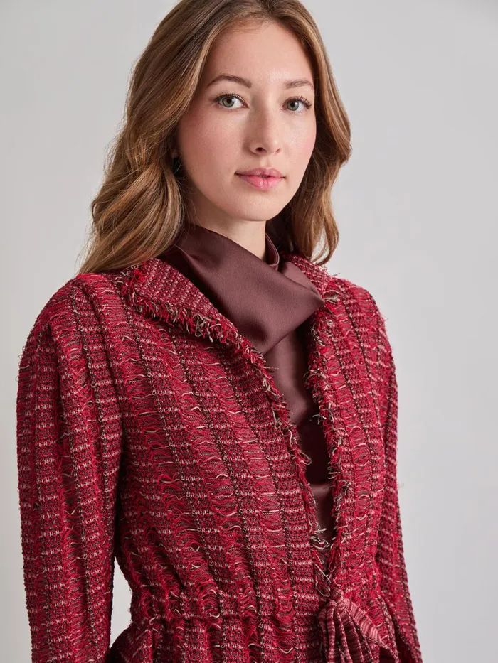 Misook Modern Fit Linear Fringe Tweed Belted Knit Jacket Women Jackets and Coats