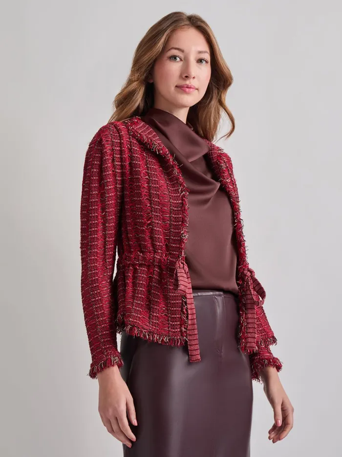 Misook Modern Fit Linear Fringe Tweed Belted Knit Jacket Women Jackets and Coats