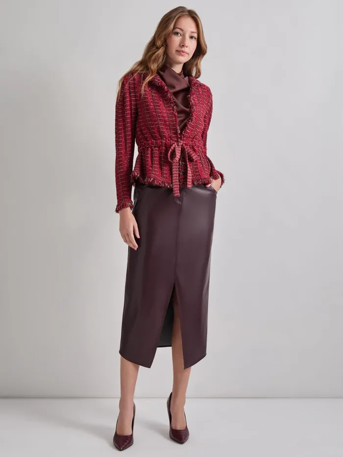 Misook Modern Fit Linear Fringe Tweed Belted Knit Jacket Women Jackets and Coats