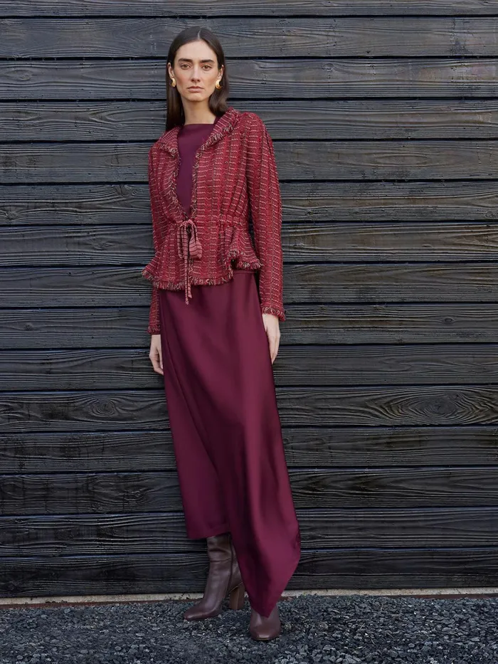Misook Modern Fit Linear Fringe Tweed Belted Knit Jacket Women Jackets and Coats
