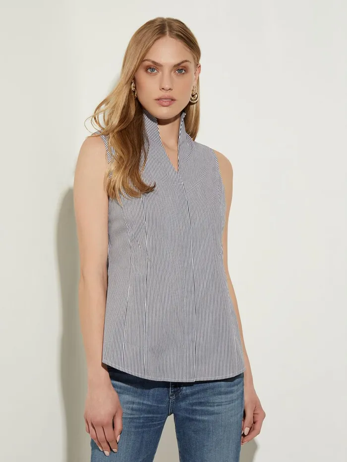 Misook Pinstripe Sleeveless Stretch Cotton Blouse BlackWhite Women Blouses and Shirts