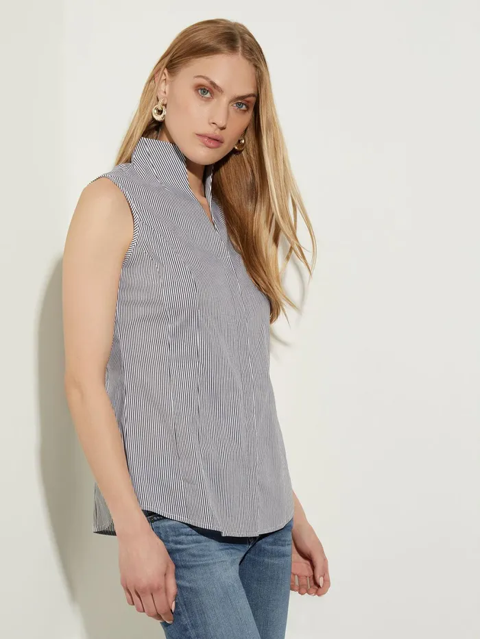 Misook Pinstripe Sleeveless Stretch Cotton Blouse BlackWhite Women Blouses and Shirts