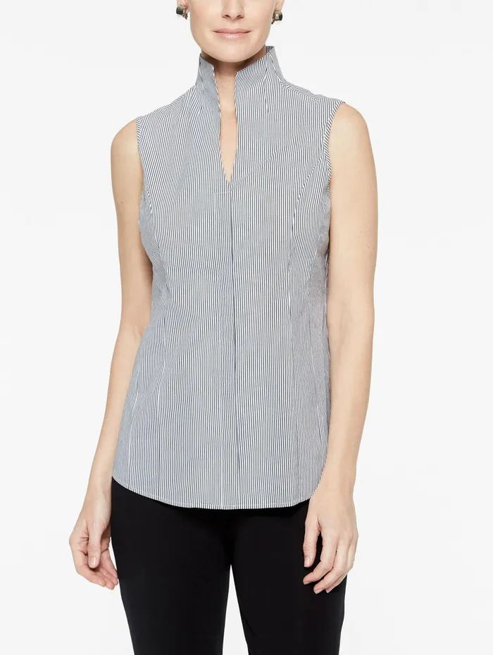 Misook Pinstripe Sleeveless Stretch Cotton Blouse BlackWhite Women Blouses and Shirts