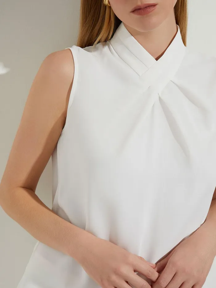 Misook Pleated Crossover Collar Crepe De Chine Blouse Women Tops and Tees