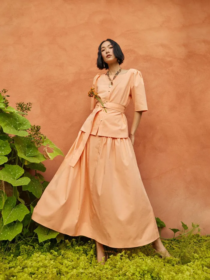 Misook Square Neck Button Front Blouse 8211 Belted Faux Cupro Silk Women Blouses and Shirts
