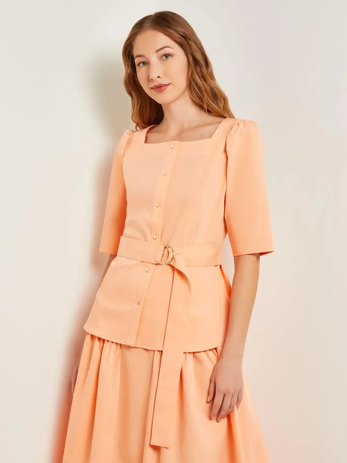 Misook Square Neck Button Front Blouse 8211 Belted Faux Cupro Silk Women Blouses and Shirts Misook Square Neck Button Front Blouse 8211 Belted Faux Cupro Silk Women Blouses and Shirts