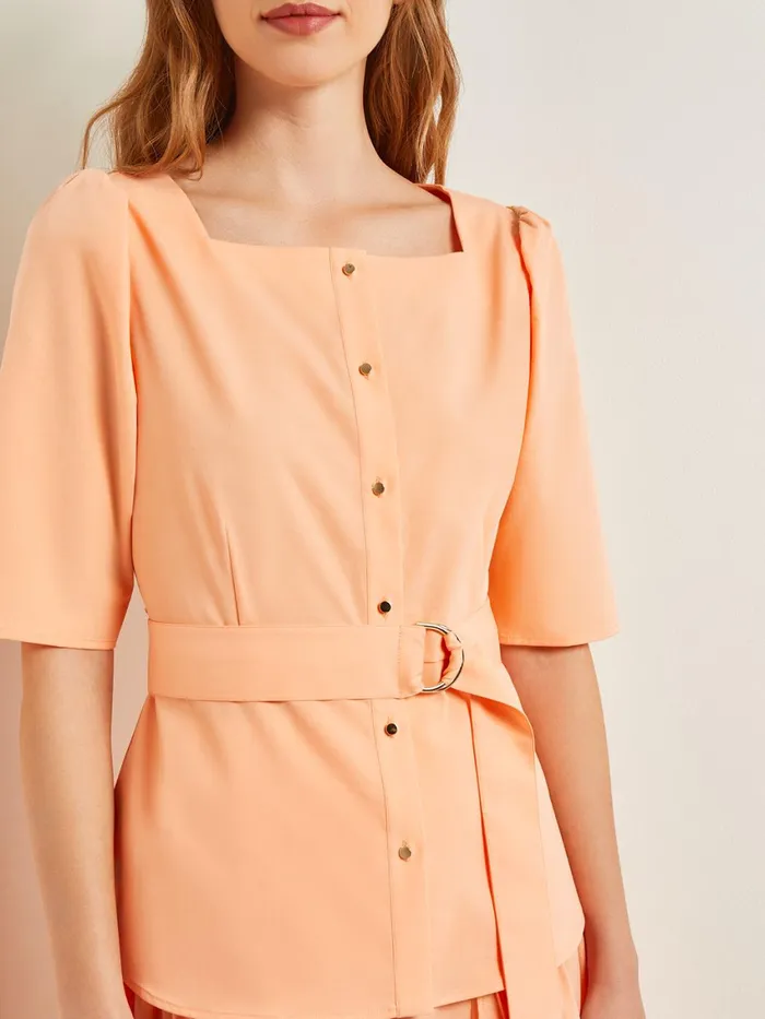 Misook Square Neck Button Front Blouse 8211 Belted Faux Cupro Silk Women Blouses and Shirts Misook Square Neck Button Front Blouse 8211 Belted Faux Cupro Silk Women Blouses and Shirts