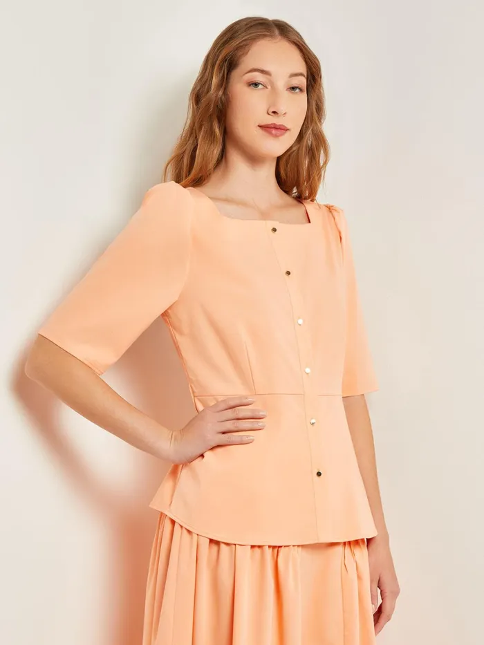 Misook Square Neck Button Front Blouse 8211 Belted Faux Cupro Silk Women Blouses and Shirts Misook Square Neck Button Front Blouse 8211 Belted Faux Cupro Silk Women Blouses and Shirts
