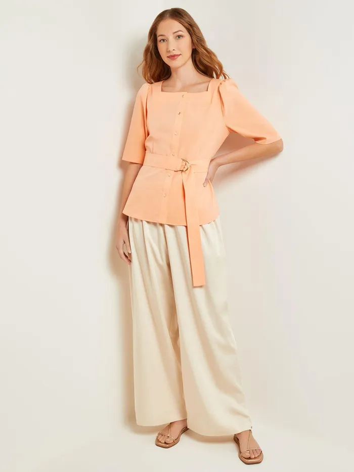 Misook Square Neck Button Front Blouse 8211 Belted Faux Cupro Silk Women Blouses and Shirts Misook Square Neck Button Front Blouse 8211 Belted Faux Cupro Silk Women Blouses and Shirts