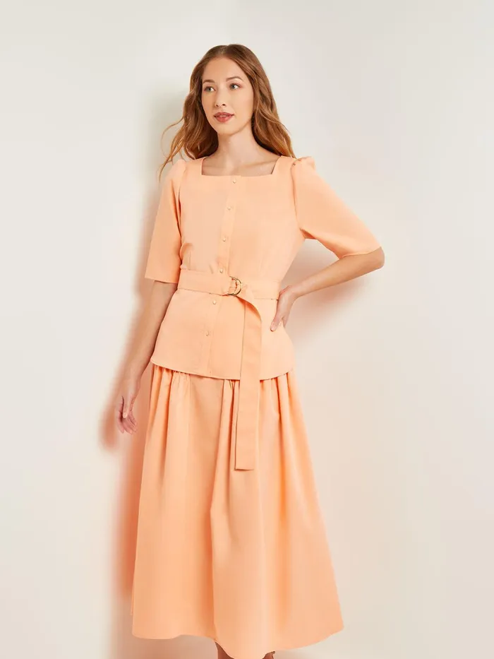 Misook Square Neck Button Front Blouse 8211 Belted Faux Cupro Silk Women Blouses and Shirts Misook Square Neck Button Front Blouse 8211 Belted Faux Cupro Silk Women Blouses and Shirts