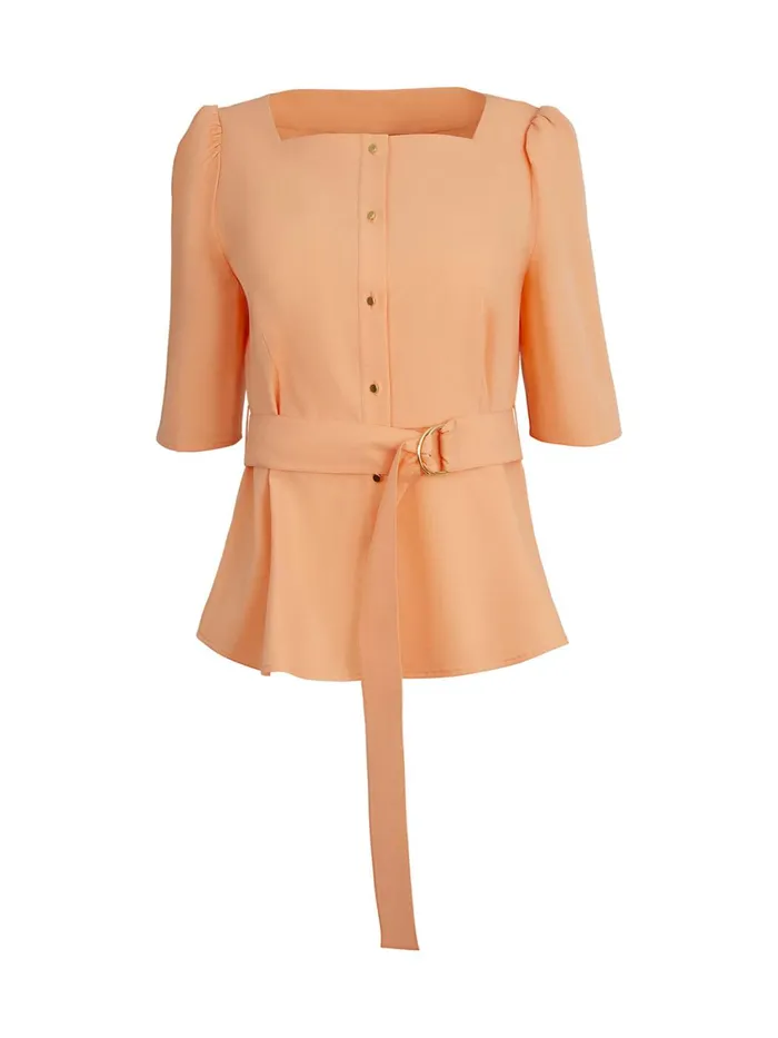 Misook Square Neck Button Front Blouse 8211 Belted Faux Cupro Silk Women Blouses and Shirts Misook Square Neck Button Front Blouse 8211 Belted Faux Cupro Silk Women Blouses and Shirts