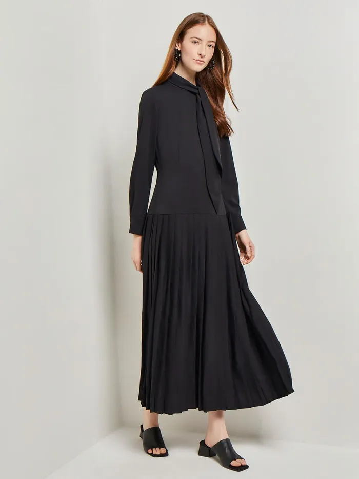 Misook Tie Neck Pleated ALine Maxi Dress Women Dresses