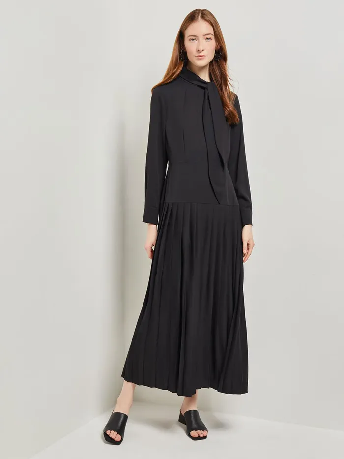 Misook Tie Neck Pleated ALine Maxi Dress Women Dresses Misook Tie Neck Pleated ALine Maxi Dress Women Dresses