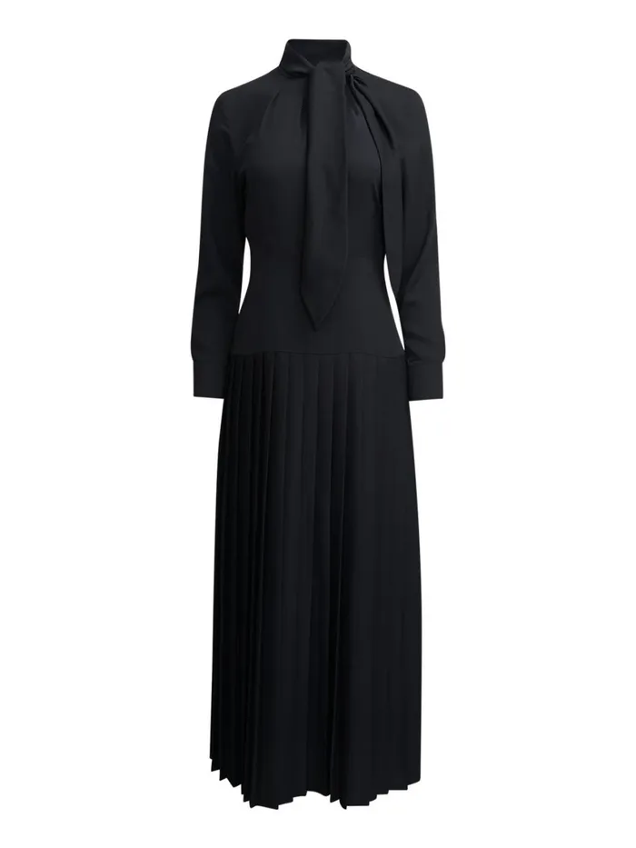 Misook Tie Neck Pleated ALine Maxi Dress Women Dresses Misook Tie Neck Pleated ALine Maxi Dress Women Dresses