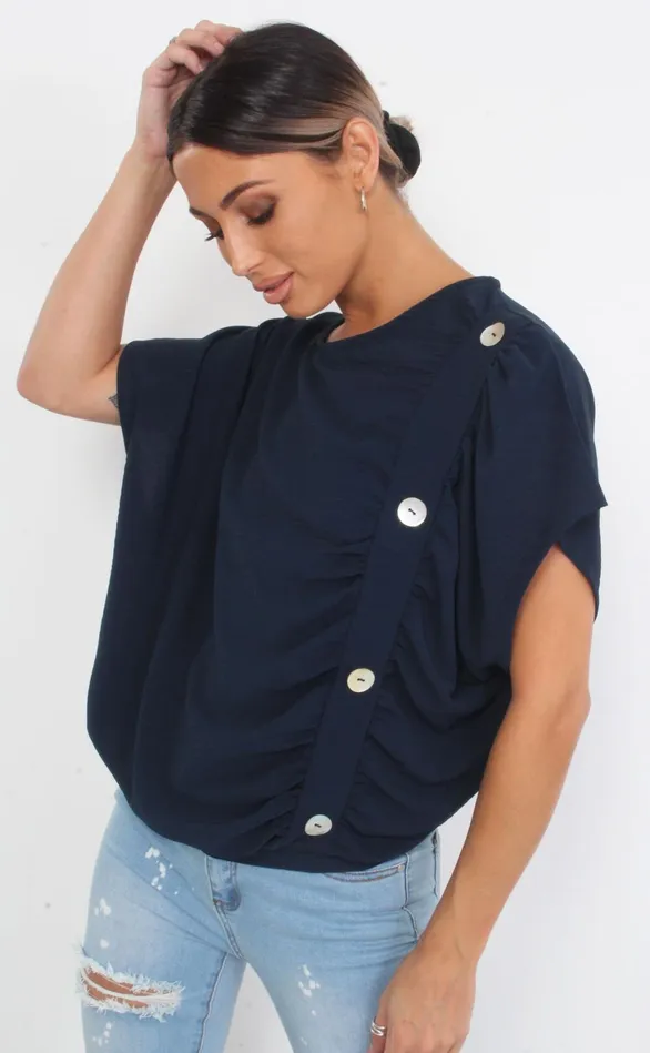 Navy Button Oversized Batwing Top Women Missfiga Tops