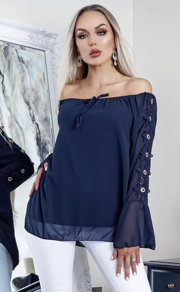 Navy Odessa Off The Shoulder Laser Cut Top Women Missfiga Tops
