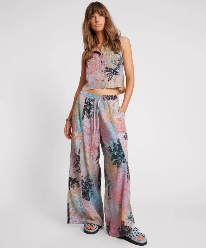 One Teaspoon Bottoms ROSE TATTOO HAND PAINTED FLORAL PALAZZO PANTS 8211 Women