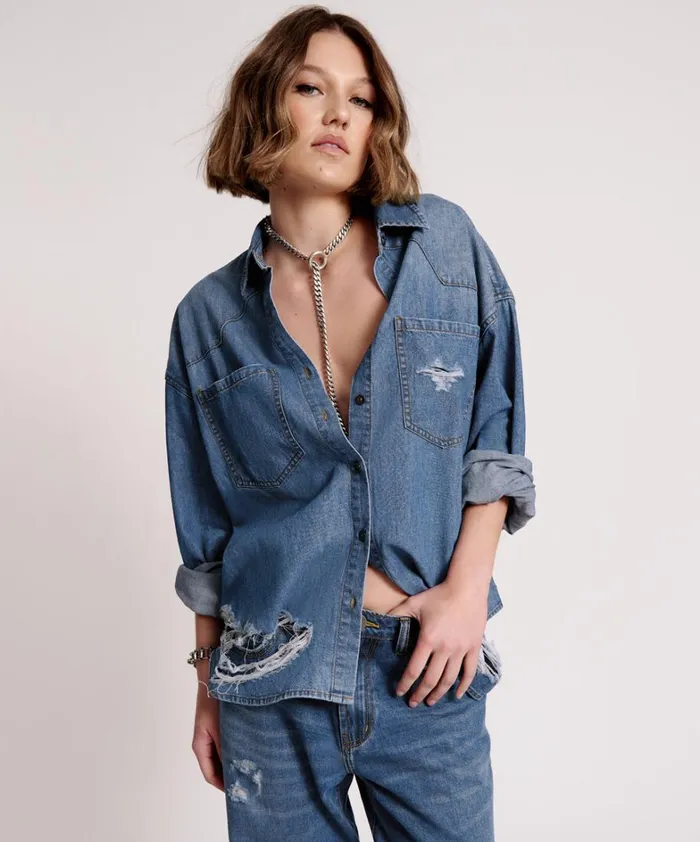 One Teaspoon Denim Shirts BAY BLUE OVERSIZED REVOLVER SHIRT 8211 Women