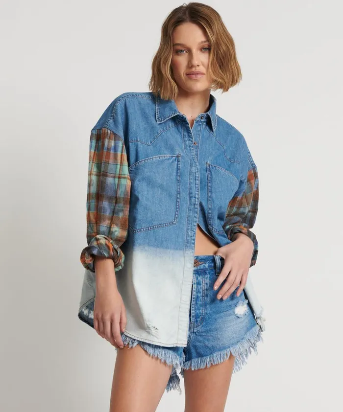 One Teaspoon Denim Shirts CIAO BLUE REVOLVER DENIM FLANNEL SHIRT 8211 Women