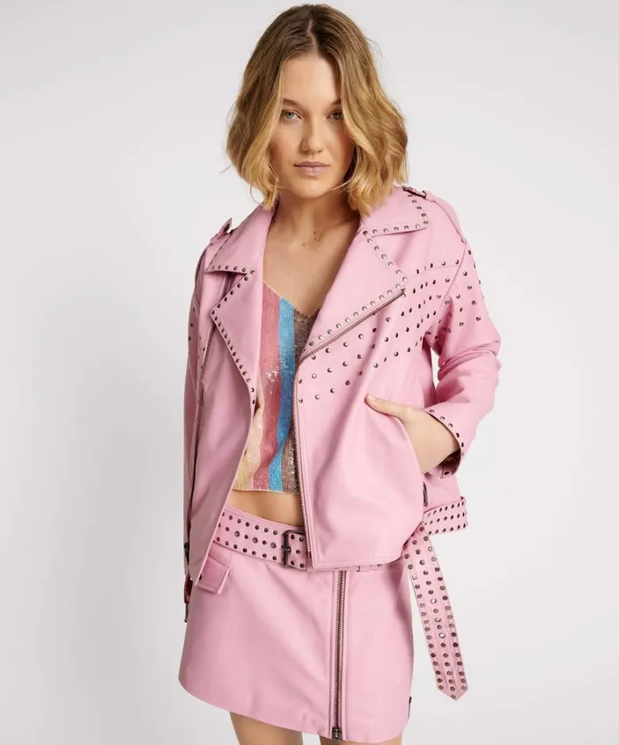 One Teaspoon Jackets RIZZO PINK STUDDED LEATHER MOTO JACKET 8211 Women