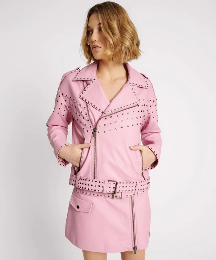 One Teaspoon Jackets RIZZO PINK STUDDED LEATHER MOTO JACKET 8211 Women
