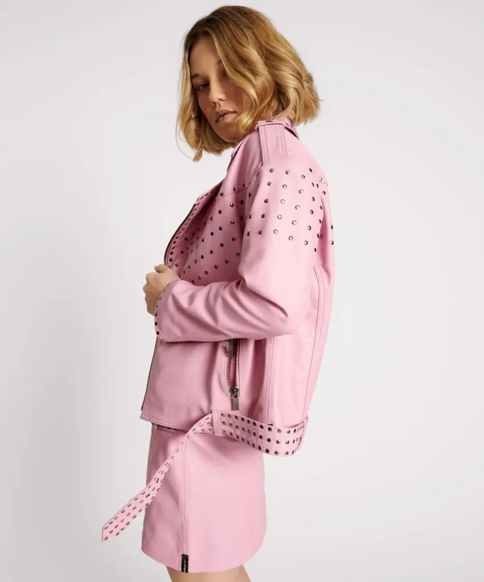One Teaspoon Jackets RIZZO PINK STUDDED LEATHER MOTO JACKET 8211 Women